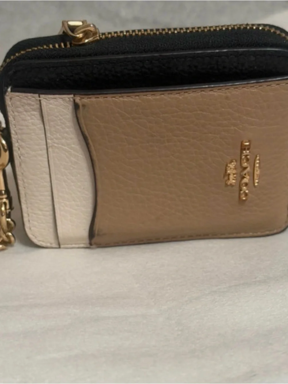 Coach Two-Tone Leather Card Case Key Holder - Beige, White & Black